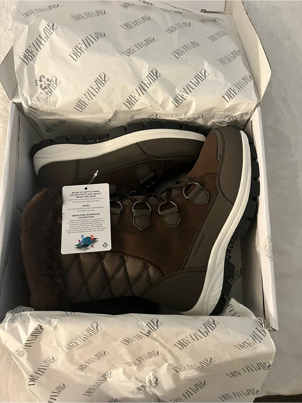Dream Pairs Women’s Brown Waterproof Faux-Fur Cuff Lace-Up Winter Boot